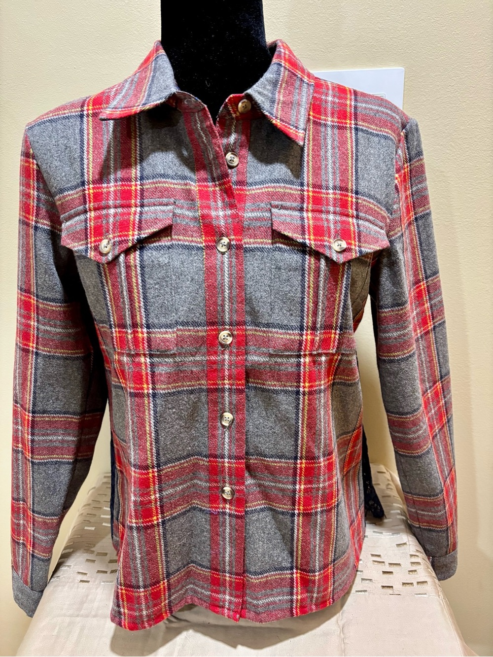 Sundance Red and Gray Plaid Button-Down Shirt with lace back